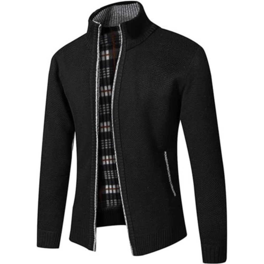Men's Shawl Collar Cardigans Slim Fit Button Cable Knit Black Sweater Pockets